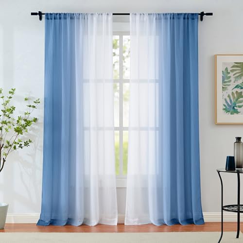 Blue Ombre Sheer Curtains 84 Inch Long for Living Room Rod Pocket 2 Panels - Chiffon Gradient Crinkle Texture, Semi Sheer Curtain Drapes for Living Room Light Filtering Privacy Drapes, Rod Pocket