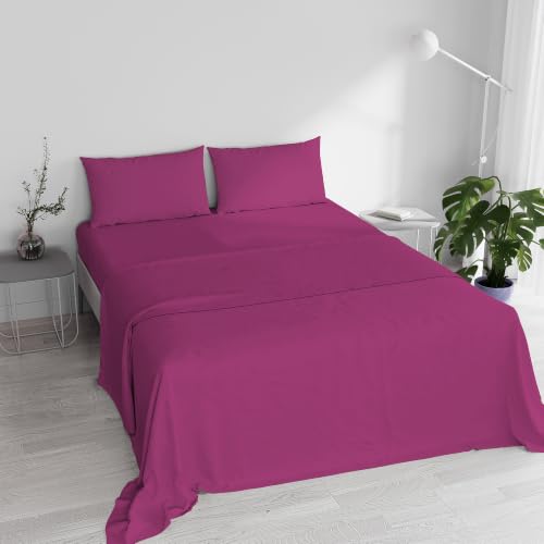 Italian Bed Linen Elegant Bed Linen Set (Flat 250x300, Fitted Sheet 170x200cm+2 Pillowcases 52x82cm), Fuchsia, DOUBLE