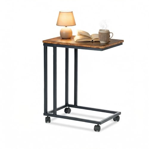 FurnitureR Slim side Table for Bedroom, Living Room, C style, 2-Tier Small bedroom desk with wheels, End Table with Open Storage, Brown