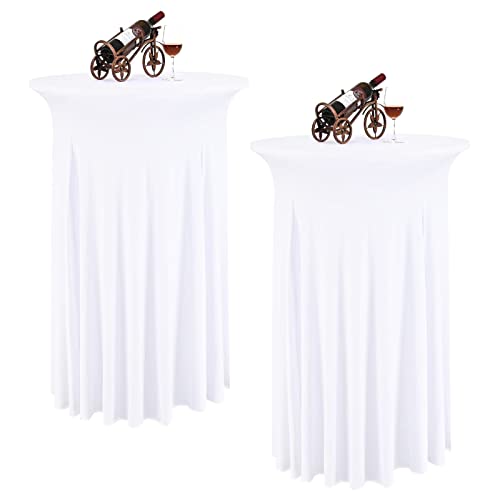 "REWOMC 2 Packs White Round Cocktail Table Skirt 32""x 43"" - Spandex Stretch Cocktail Tablecloth with Wavy Drapes, Fitted High Top Table Covers for Wedding Bar Party Birthday"