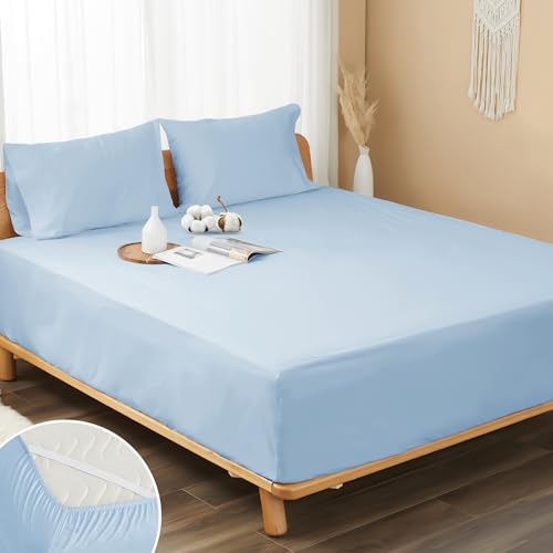"HOMTEC 100% Cotton Percale Fitted Sheet Twin XL Size, 8-15"" Deep Pocket Cooling Bottom Sheet, Breathable Soft & Crisp Fitted Sheet Only with 4 Corner Straps (Twin XL, Light Blue)"
