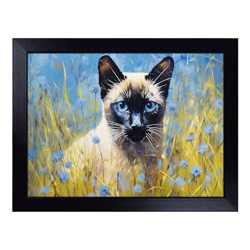 Lap Tray with Bean Bag Cushion, Siamese Cat Action - Handmade in the UK, Raised Wooden Edge, Padded Cushion, Heat-Resistant Wipe-Clean Surface, for Meals, Laptops and Crafts