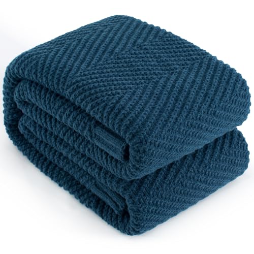 LONG CREATE Knitted Throw Blanket for Couch, 50X60 Chevron Bed Knit Throws - Navy Blue Lightweight Living Room Decor, Super Soft Boho Bedding Blankets, Cozy Herringbone Textured, Chair Sofa Cover