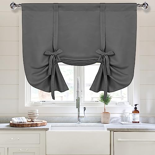 DWCN Blackout Curtains-Tie Up Shade for Window Thermal Insulated Room Darkening Rod Pocket Curtains for Kitchen, Dark Grey, W34 X L45 Inches, 1 Panel