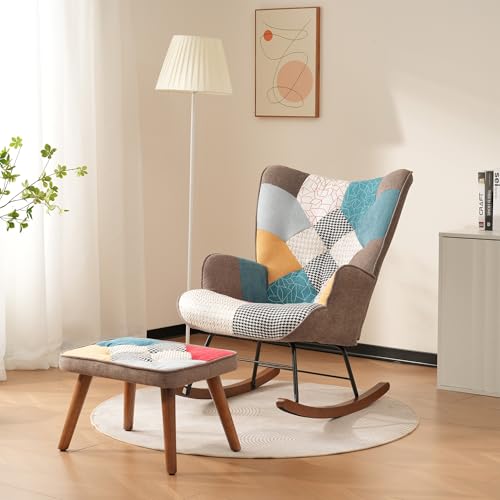 Merax Upholstered Rocking Chair with Footstool, Wooden Legs, High Back Accent Armchair for Living Room and Nursery, Comfy Lounge, Lumbar Support, Stylish Simple Design, Fabric, Colourful