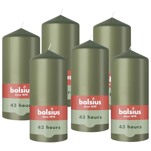 Bolsius – Essentials – Smooth Pillar Candle – Olive Green – 5.1″ – Decorative Candles – Contains Natural Plant-Based Wax – Without Palm Oil