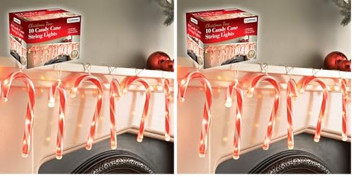 The Christmas Workshop 70039 10 LED Candy Cane Christmas String Lights - Indoor Decorations - 1.8M Lead Length with 20cm Long Candy Canes - Battery Operated, Red and White (Pack of 2)