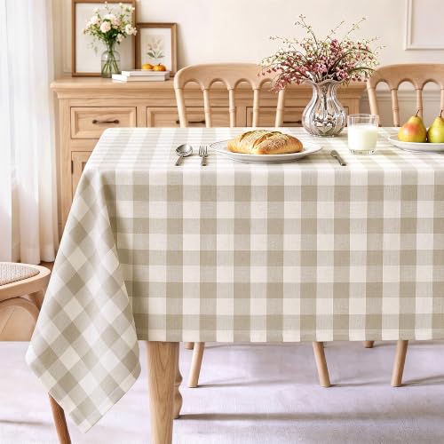 "Laolitou Beige Checkered Tablecloth Rectangle Tables Buffalo Plaid Gingham Table Cloth Cotton Linen Rustic Tablecloths Washable Wrinkle Free for Party Picnic Kitchen, 60""x120"" 10-12 Seats"