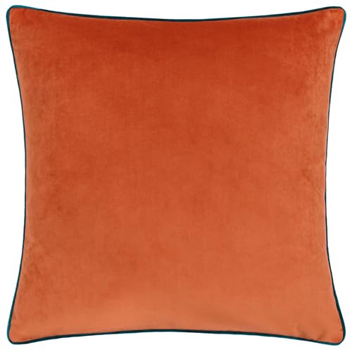 furn. Meridian Feather Filled Cushion – Luxury Contrast Piped Velvet Decorative Pillow (Tiger/Teal - 45x45cm)