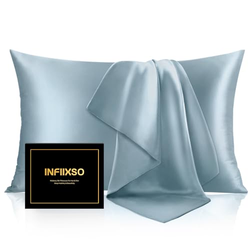 "INFIIXSO Mulberry Silk Pillowcase for Hair and Skin, Silk Pillow Cases Standard Size with Hidden Zipper 20""x26"", Extraordinary Smooth and Soft Cooling Pillow Cases for Hot Sleepers(Airy Blue, 1 Pack)"