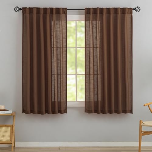 DONREN Cocoa Brown Back Tab Curtains 54 Inches Long 2 Panels for Guest Room -Elegant Modern Country Semi Sheer Privacy Drapes Hooks Belt Light Filtering Playroom Curtains W52 x L54