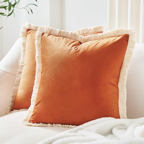 MONDAY MOOSE Decorative Throw Pillow Covers Cushion Cases, Set of 2 Soft Velvet Modern Fringe Tassel Designs, Mix and Match for Home Decor, Pillow Inserts Not Included (Orange, 18x18 inch), MMDTPC2F