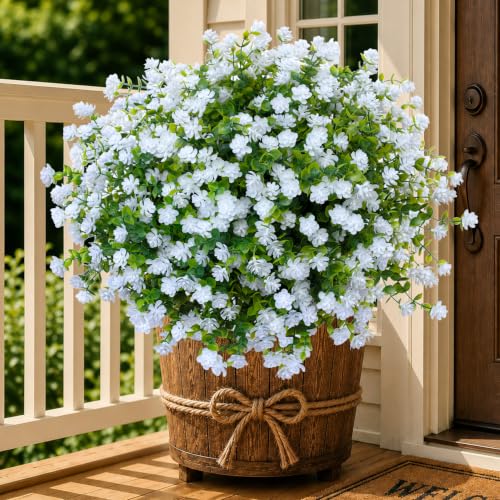 AXYLEX Artificial Flowers for Outdoors Fake Plants - 12 Bundles Faux Outside Greenery Boxwood No Fade Plastic Shrubs Fall Decor Farmhouse Home Garden (White)
