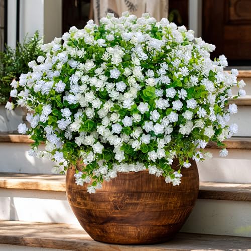 AXYLEX Artificial Flowers for Outdoors Fake Plants - 12 Bundles Faux Outside Greenery Boxwood No Fade Plastic Shrubs Fall Decor Farmhouse Home Garden (White)