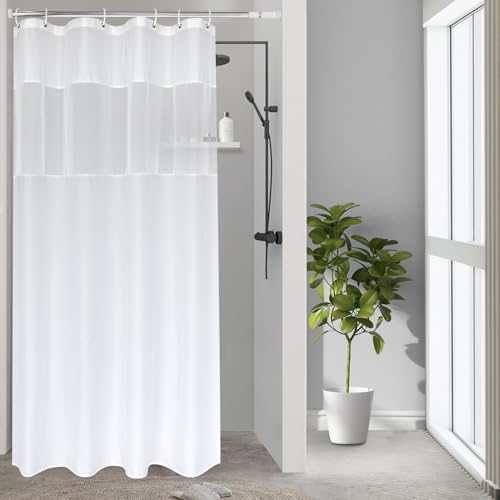 UFRIDAY Small Size 36x72 Inch Shower Curtain with Thin Mesh, Durable Fabric Bathroom Curtain with Hooks, Water Repellent,White