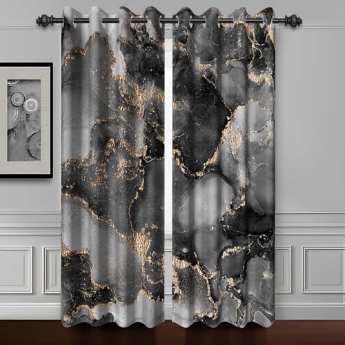 Black Gray Gold Marble Blackout Curtains 84 inches Long,2 Panels 42x84 inch - Room Darkening Window Curtains,Polyester Thermal Insulated Drapes,Grommet Window Drapes,for Bedroom Living Room Dining Room