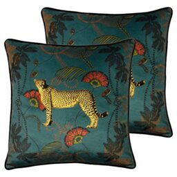 Paoletti Tropica Cheetah Feather Filled Cushions (Twin Pack), Polyester, Teal, 45 x 45cm