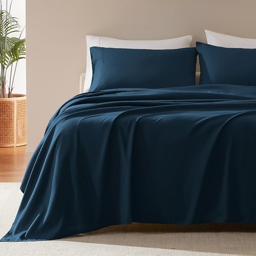 "SLEEP ZONE Nanotex Super Soft Cooling Twin Bed Sheets Set for Kids 3 Piece - Easy Care Fitted Flat Sheet & Pillowcase Sets - Wrinkle Free, Fade Resistant, Deep Pocket 16"" (Navy Blue, Twin)"