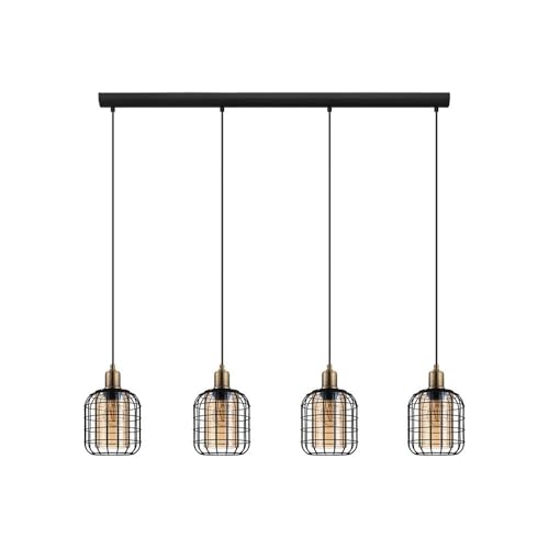 EGLO Pendant lighting Chisle, 4 lamp ceiling light fixture for dining and living rooms, hanging light made of black metal and steamed amber glass, E27 socket