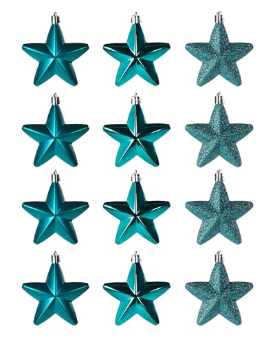 Set of 12 Teal Hanging Star Christmas Decorations, 7 cm