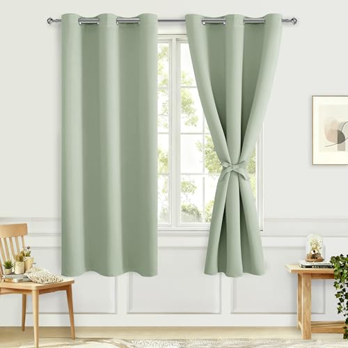 Hiasan Blackout Curtains for Bedroom, 42 x 72 Inches Long - Thermal Insulated & Light Blocking Window Curtains for Living Room/Kids Room, 2 Drape Panels Sewn with Tiebacks, Seafoam Green