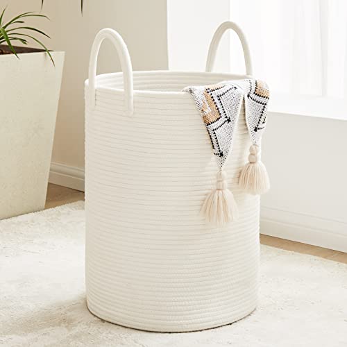 Fiona's magic White Woven Rope Laundry Basket, 58L Tall Laundry Hamper for Blanket Storage, Large Baby Nursery Hamper, Decorative Clothes Hamper for Bedroom, Living Room