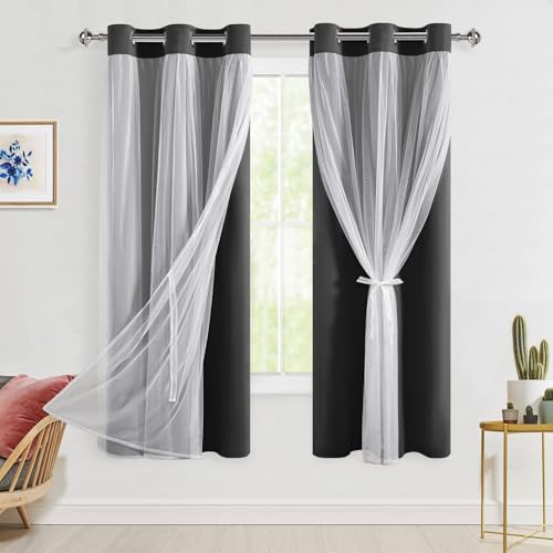 Hiasan Blackout Curtains with Sheer Overlay, Grommet Thermal Insulated Privacy Mix and Match Double Layer Window Curtains for Girls Bedroom, Living Room, 2 Drape Panels with Tiebacks, Black, 42W X 63L