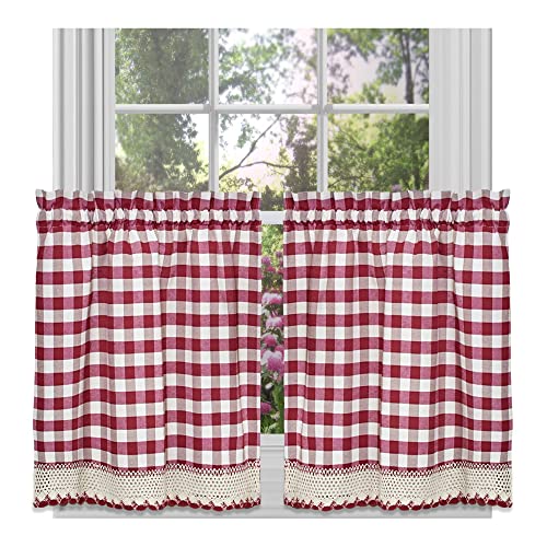 "Achim Home Furnishings Tier Pair Buffalo Check Window Curtain, 58"" x 24"", Burgundy & Ivory"
