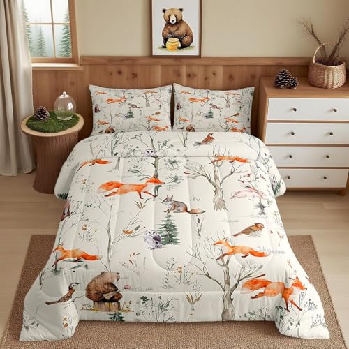 Homewish Kids Cute Animals Bedding Set King Size Cartoon Bear Fox and Rabbit Comforter Set 3Pcs for Girls Boys Adult Room Decor Foggy Tree Jungle Plants Quilt Set Hunt Adventure Duvet Insert,Beige