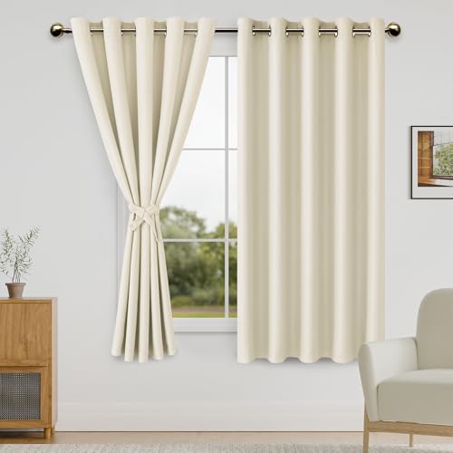 DWCN Blackout Curtains for Bedroom with Tiebacks - Room Darkening Privacy Grommet Top Window Curtains for Living Room, 60 x 63 inch Length, Light Beige, Set of 2 Panels
