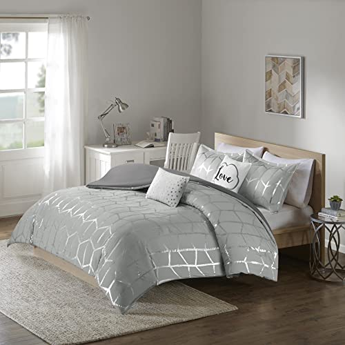 Intelligent Design Raina Duvet Set Metallic Print Geometric Style Embroidered Toss Pillows Modern Trendy All Season Comforter Cover Bedding-Set with Matching Sham, King/Cal King, Grey/Silver 5 Piece