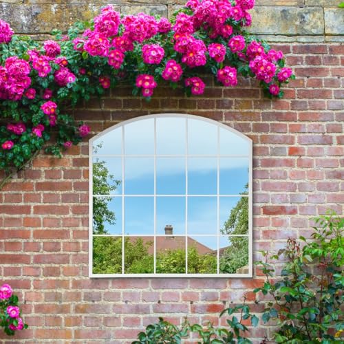"MirrorOutlet The Arcus - White Framed Window Modern Full Length Arched Garden Mirror 39"" X 39"" (100CM X 100CM) Silver Mirror Glass with Black All weather Backing."