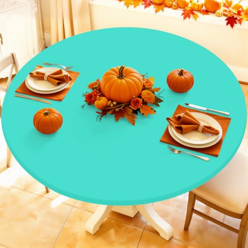 "Moosfor Round Spandex Tablecloth, Elastic Fitted Waterproof Tablecloths for 45""-56"" Tables, Stretch Washable Picnic Table Cover for Camping, Dining, Indoor and Outdoor,Aqua Blue"