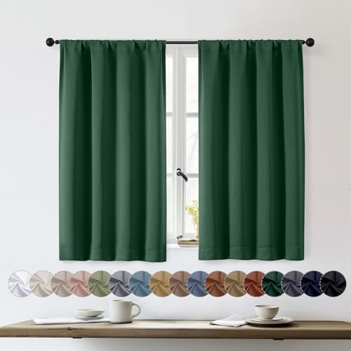 OWENIE Sally Ever Green Short Blackout Curtains for Bedroom Living Room 45 Inch Length 2 Panels Set, Solid Energy Saving Insulated Bathroom Window Treatment Curtains Blackout Drapes, W40 x L45