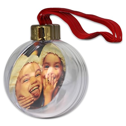 Christmas Baubles Personalised Photo Ornament Pack of 4, Large Clear Picture Hanging Tree Decoration - Ideal Stocking Fillers, Xmas Personalised Gifts, or Arts and Crafts (Antique Gold & Red)