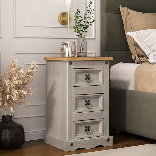 Corona Bedside Table Grey Painted 3 Drawer Mexican Solid Pine Gunmetal Finish Hardware