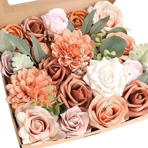 Floroom Terracotta Artificial Flowers Burnt Orange Fake Roses Peonies Dahlias and Greenery Combo Box Set for DIY Wedding Bouquets Bridal Shower Centerpieces Floral Arrangements Party Tables Decoration