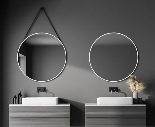 Talos White Style Round Mirror Diameter 80 cm - Round Wall Mirror in Matt White - Round Bathroom Mirror Aluminium Frame - Bathroom Mirror with Trendy Hanging Strap