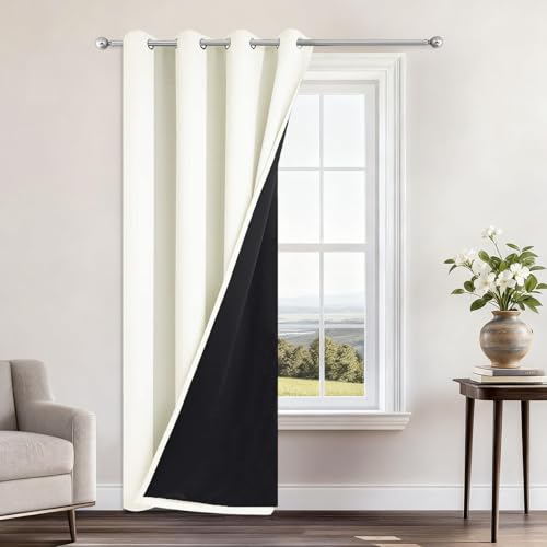 "Yakamok Cream Blackout Curtains 96 Inches Long for Bedroom 52"" Wide 1 Panel - Blackout Curtain Panels for Bedroom, 2 Thick Layers Grommet Top Thermal Insulated Drapes with Black Liner for Living Room"