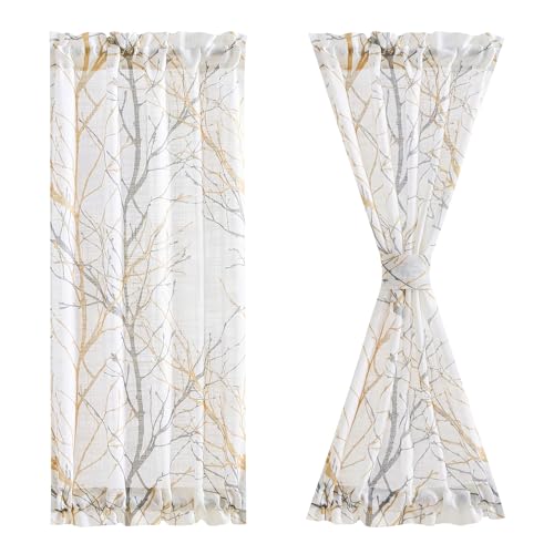 Fmfunctex French Front Door Curtains for Glass Door Curtains 72 Inches White Semi-Sheer Window Curtain Yellow and Grey Branch Print Curtain for Patio Door with Tie-Back 50 Inches Wide 1 Panel