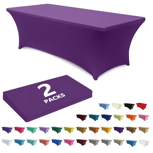 ABCCANOPY 2 Pack 6 FT Purple Spandex Table Cover Stretch Fitted Wrinkle Resistant Tablecloth Reuse for Rectangular Folding Table Patry Event Wedding Banquet Protector