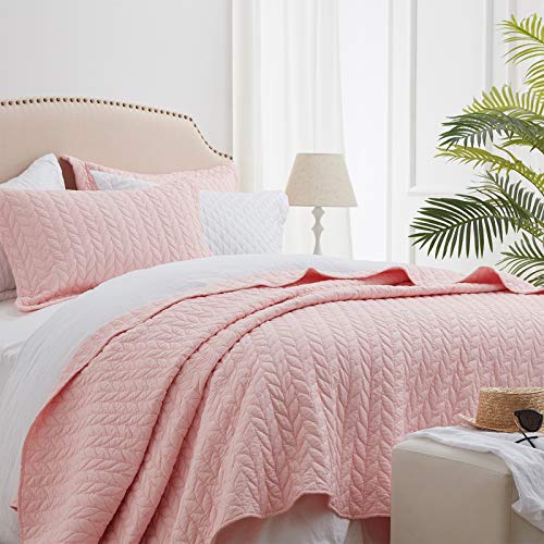 "SunStyle Home Twin Quilt Set Pink Lightweight Bedspread Soft Reversible Coverlet for All Season 2pcs Leaf Embroidered Quilted Bedding Sets Blush (1 Quilt 1 Pillow Sham)(68""x86"")"