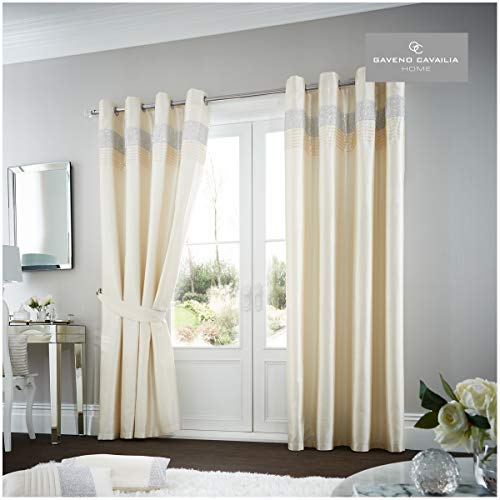 "Gaveno Cavailia Oxy Eyelet Curtains Cream, 100% Polyester Ring Top Drapery with Matching Tie Backs, Two 90""x90"" Glamorous Panels, Easy Care Window Treatment, 90""x90"" (229x229 Cm) 261940"