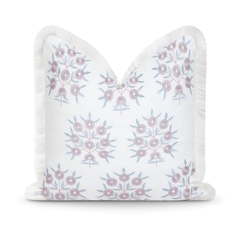 "Hofdeco Premium Coastal Patio Indoor Outdoor Throw Pillow Cover Only, 20""x20"" Water Repellent for Backyard, Couch, Blush Pink Embroidered Floral with Fringe"