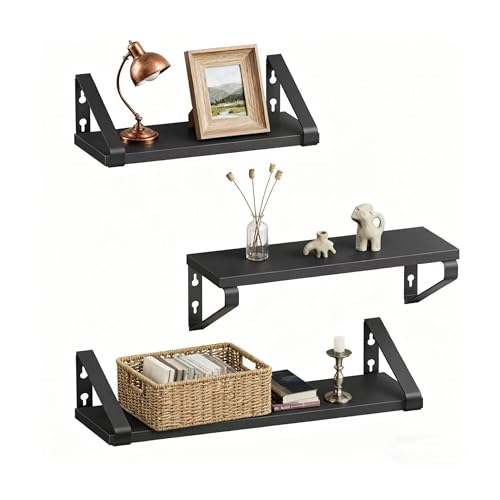 Relaxdays Wall Shelves Set of 3, Wood-Effect & Metal, for Books & Decor, 30/35/40 cm, Black