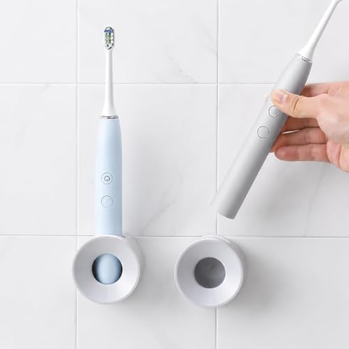 2 Pcs Electric Toothbrush Holder, Wall Mounted Toothbrush Holder with Self Adhesive No Drill Design, Removable Storage Rack with Drainage Holes, Grey Black for Bathroom