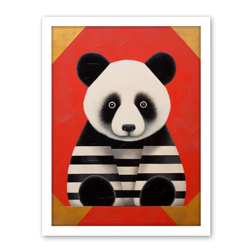 Artery8 Panda with Stripes Fun Kids Bedroom Baby Nursery Bright Bold Artwork Red Black White Artwork Framed Wall Art Print 18X24 Inch