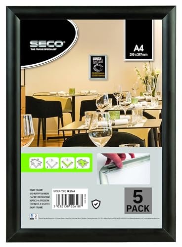 Stewart Superior A4 Aluminium 4 Sided 25mm Front Loading Picture/Poster Snap Frame - Black (Pack of 5)