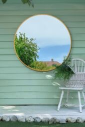 "MirrorOutlet The Fenestra - Gold edged Modern Round Circular Garden Wall Mirror 43"" X 43"" (110CM X 110CM) Silver Mirror Glass with Black Metal Frame"