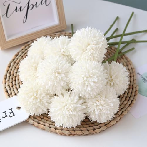 Homyu Artificial Flowers Chrysanthemum Ball Flowers Bouquet 10pcs Present for Important People Glorious Moral for Home Office Coffee House Parties and Wedding(Milk White)